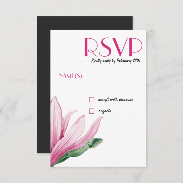 Pink Magnolia Flower in bloom | gray Wedding RSVP Invitation (Front/Back)