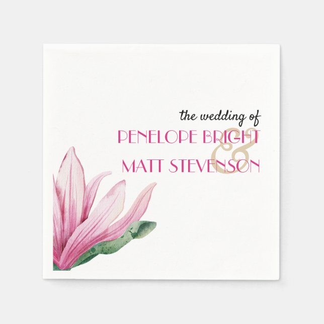 Pink Magnolia Flower in bloom Monogram wedding Napkins (Front)