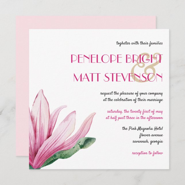 Pink Magnolia Flower In Bloom  Wedding Invitation (Front/Back)