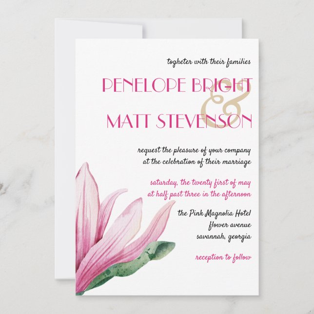 Pink Magnolia Flower in bloom Wedding Invitation (Front)