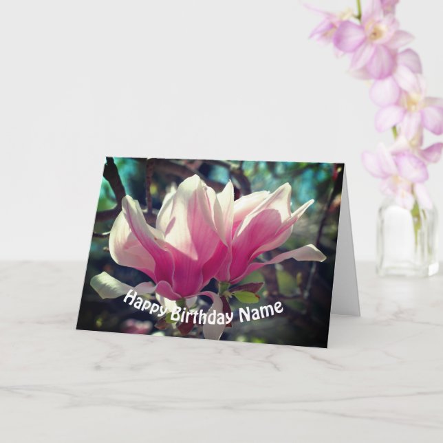 Pink Magnolia Flower Personalized Birthday  Card (Orchid)