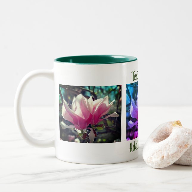 Pink Magnolia Flower Personalized Two-Tone Coffee Mug (With Donut)