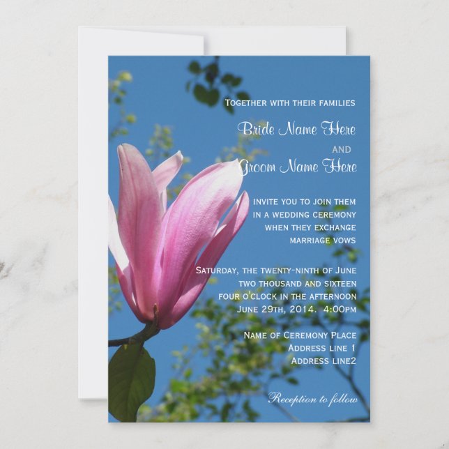 Pink magnolia flower wedding invitation (Front)