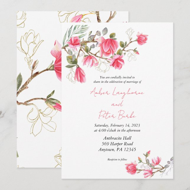 Pink Magnolia Flower wedding invitation, invites (Front/Back)