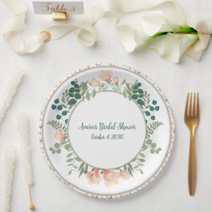 Pink Magnolia Flowers and Greenery Bridal Shower Paper Plates