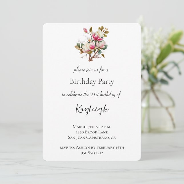 Pink Magnolia Flowers Birthday Invitation (Standing Front)
