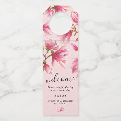 Pink Magnolia Flowers Monogram Wedding Favor Bottle Hanger Tag