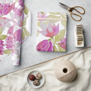 Pink Magnolia Flowers Watercolor Art Wrapping Paper