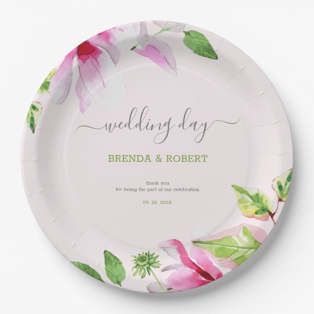 Pink magnolia frame napkins paper plates (Front)