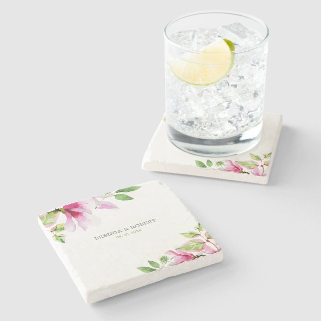 Pink magnolia frame stone coaster (Side)