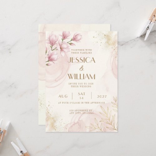 Pink Magnolia Gold Glitter Wedding Invitation