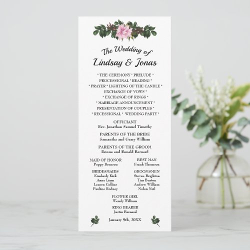 Pink Magnolia Greenery Wedding Programme Menu