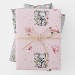Pink Magnolia Koala Bear Watercolor Gift Wrapping Paper Sheets