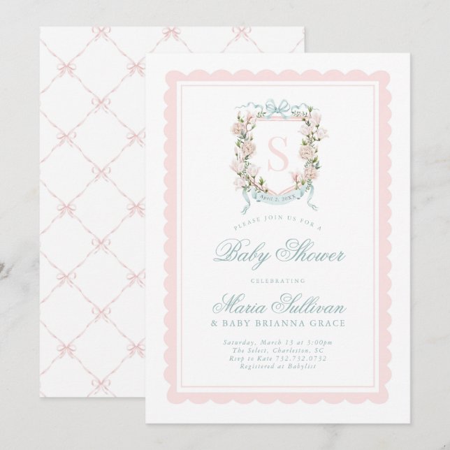 Pink Magnolia Monogram Baby in Bloom Shower Invitation (Front/Back)