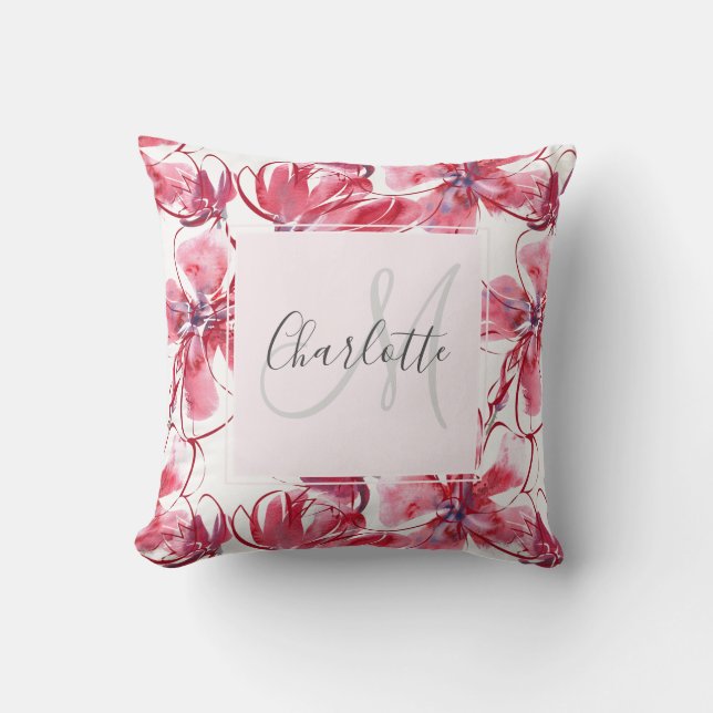 Pink magnolia monogram  throw pillow (Front)
