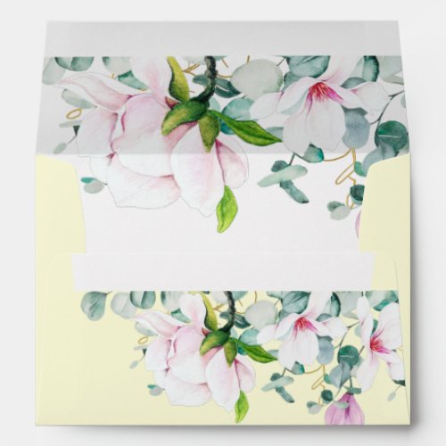 Pink Magnolia Sage Blue Eucalyptus YELLOW Wedding Envelope
