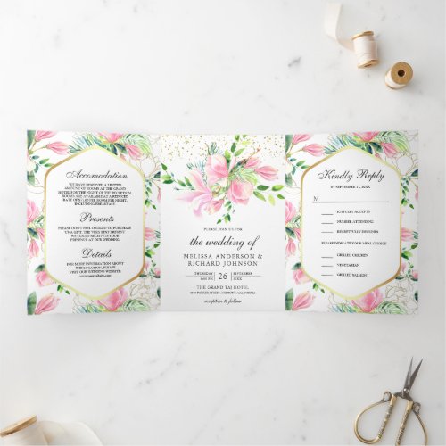 Pink Magnolia Spring Floral All in One Wedding Tri_Fold Invitation