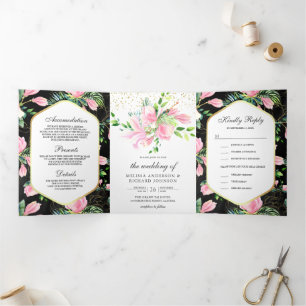 Pink Magnolia Spring Floral Black Wedding Tri-Fold Invitation