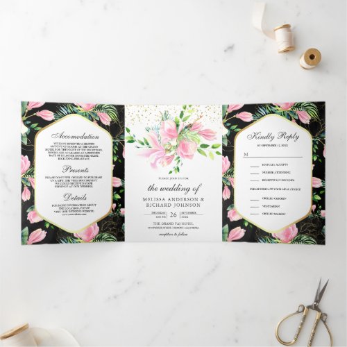 Pink Magnolia Spring Floral Black Wedding Tri_Fold Invitation