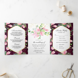 Pink Magnolia Spring Floral Plum Purple Wedding Tri-Fold Invitation