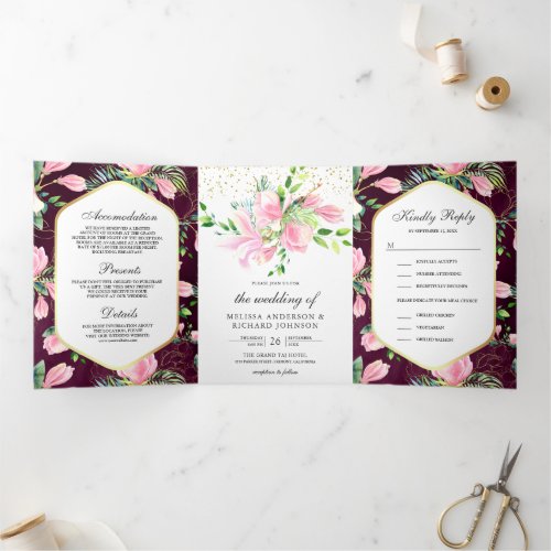 Pink Magnolia Spring Floral Plum Purple Wedding Tri_Fold Invitation