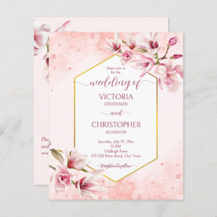 Pink magnolia spring flowers budget wedding invite