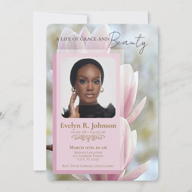 Pink Magnolia‑style photo funeral program (Front)