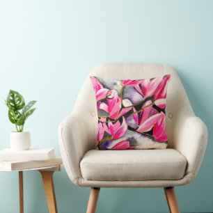 Pink Magnolia watercolor art Throw Pillow