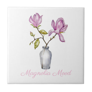 Pink Magnolia Watercolor Botanical Ceramic Tile