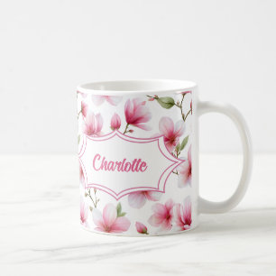 Pink Magnolia Watercolor Botanical Monogram Name Coffee Mug
