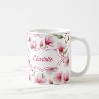 Pink Magnolia Watercolor Botanical Monogram Name Coffee Mug
