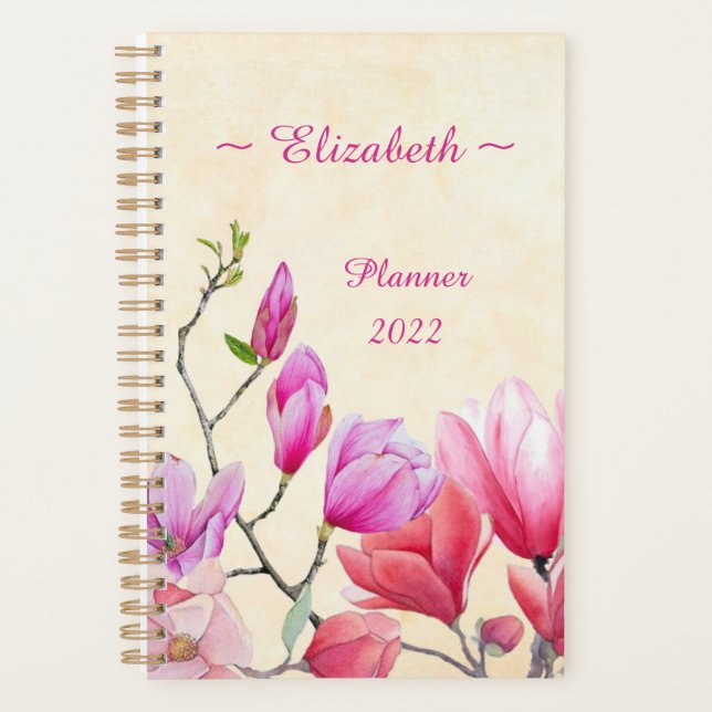 Pink Magnolia Watercolor Customize/Personalize  Planner (Front)