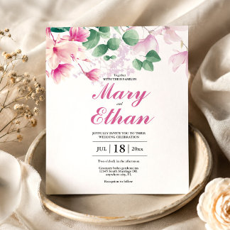 Pink Magnolia Watercolor Flowers Wedding Invitation