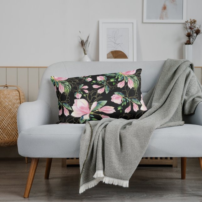 Pink Magnolia Watercolor Pattern Black  Accent Pillow (Creator Uploaded)