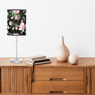 Pink Magnolia Watercolor Pattern Black Table Lamp