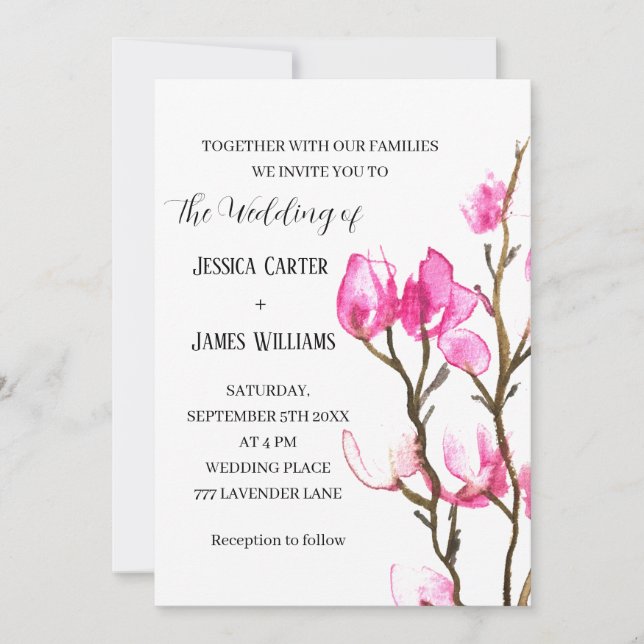 Pink Magnolia Watercolor Rustic Wedding Invitation (Front)