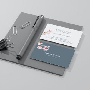 Pink Magnolia Watercolors Blue-gray Background Business Card