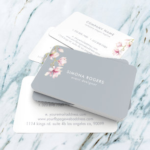 Pink Magnolia Watercolors Blue- Gray Background Business Card