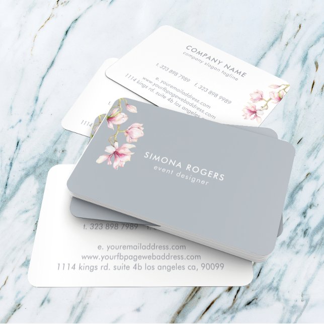 Pink Magnolia Watercolors Blue- Gray Background Business Card (Creator Uploaded)