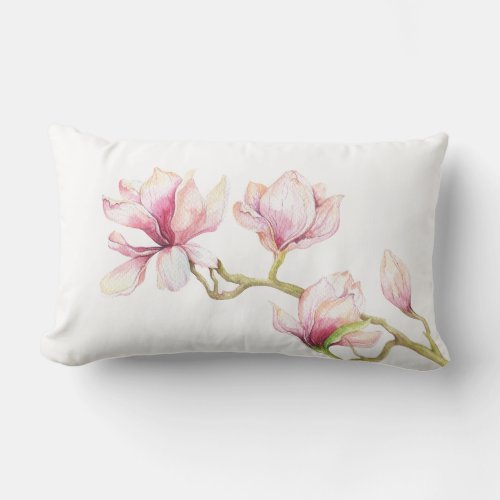 Pink Magnolia Watercolors Illustration Lumbar Pillow