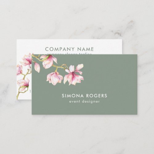 Pink Magnolia Watercolors Sage_Green Background Business Card