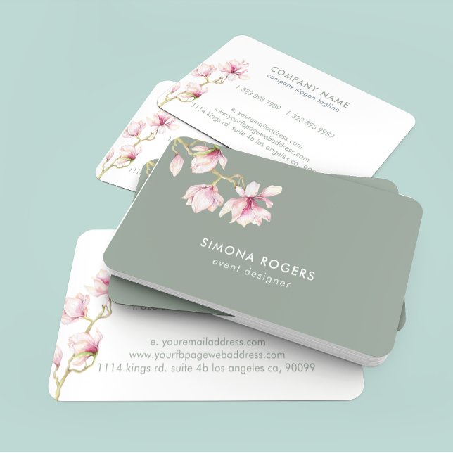 Pink Magnolia Watercolors Sage-Green Background Business Card (Creator Uploaded)