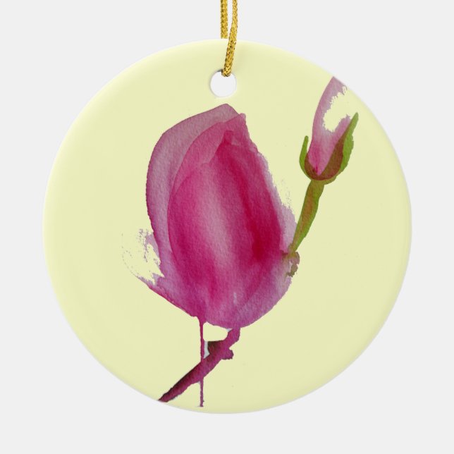 Pink Magnolia watercolour flower art Ceramic Ornament (Front)