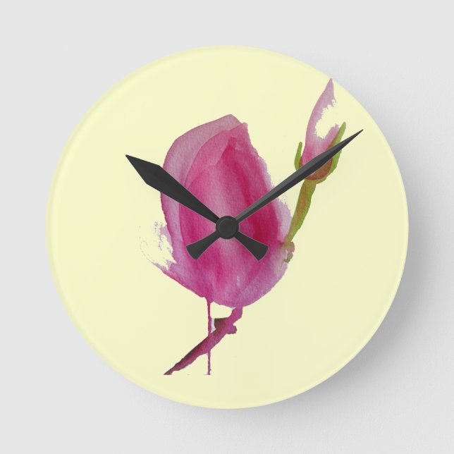 Pink Magnolia watercolour flower art Round Clock (Front)