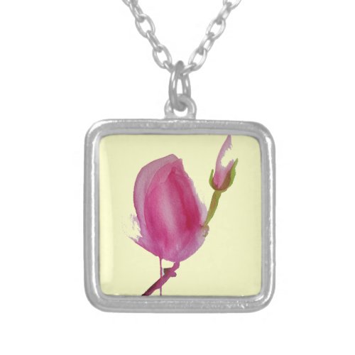 Pink Magnolia watercolour flower art Silver Plated Necklace