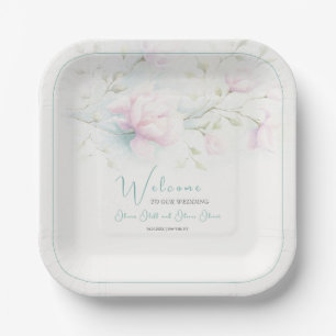Pink Magnolia Wedding Welcome Paper Plates