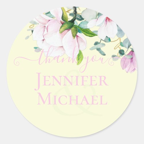 Pink Magnolia with Yellow Wedding Favor Gift Thank Classic Round Sticker