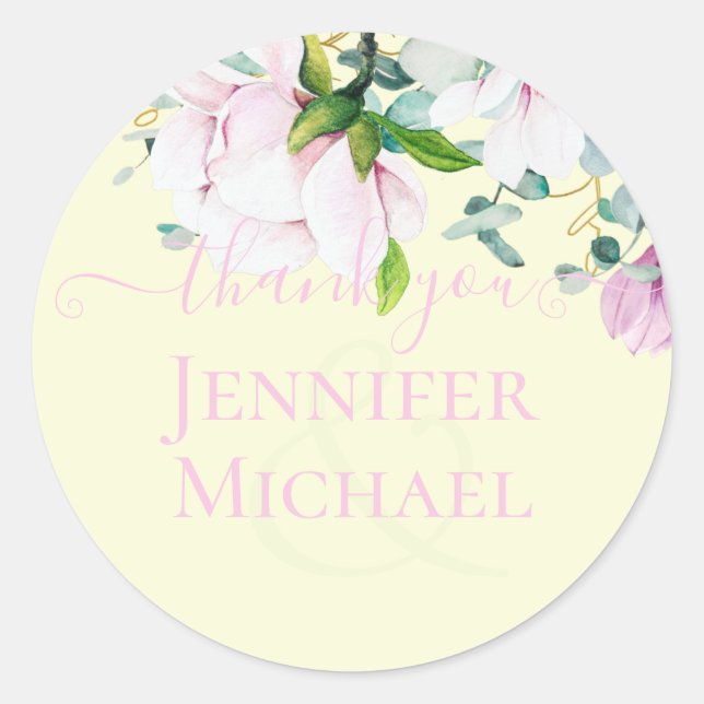 Pink Magnolia with Yellow Wedding Favor Gift Thank Classic Round Sticker (Front)