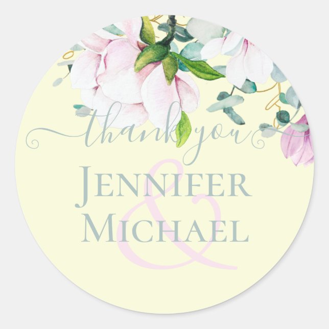 Pink Magnolia with Yellow Wedding Favor Gift Thank Classic Round Sticker (Front)