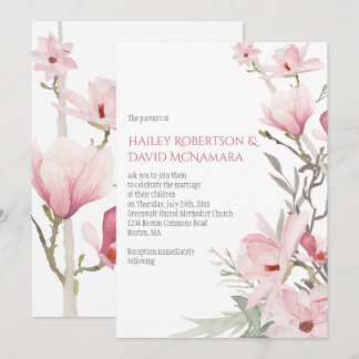 Pink Magnolias and Greenery Wedding Invitations